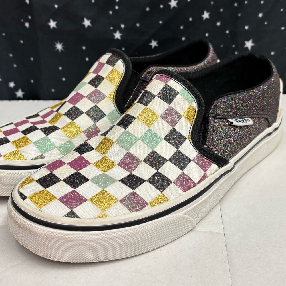 Checkerboard sparkly Vans slip ons